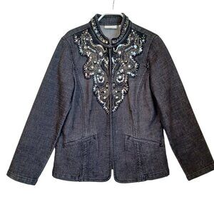 Chicos Jacket Black Fade Wash Embroidery Beads Sequin Detail Womens Medium